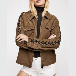 Free People Faye 100% Cotton Military Jacket Green Moss Brown Lace Up Sleeves M